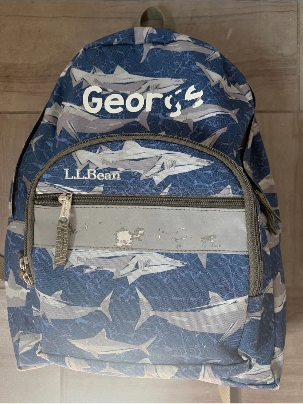 L.L. Bean Pre-School Blue Shark-Print Backpack with Gray Accent